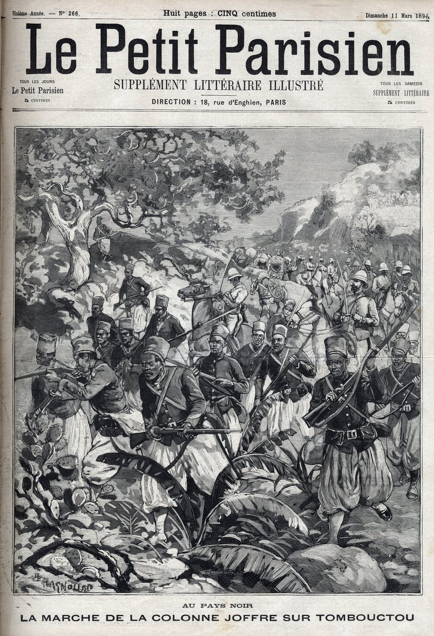 Ve francouzských koloniích: pochod kolony generála Josepha Joffreho (1852-1931) a jeho armády spahisů na Timbuktu (Mali). Gravírování v „“Le Parisien““ od Unknown artist