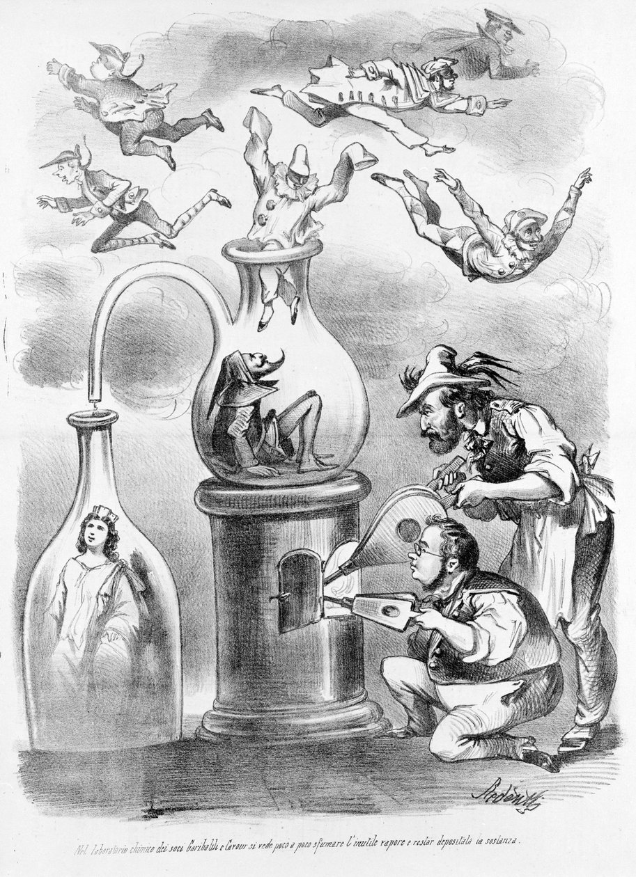 V alchymistické laboratoři společníků Garibaldi e Cavour vidíme postupné rozptylování zbytečné páry (reprezentované maskami italských regionů) a zůstávalo substancí (Itálie) karikaturou satirických novin Il Fischietto od Unknown artist