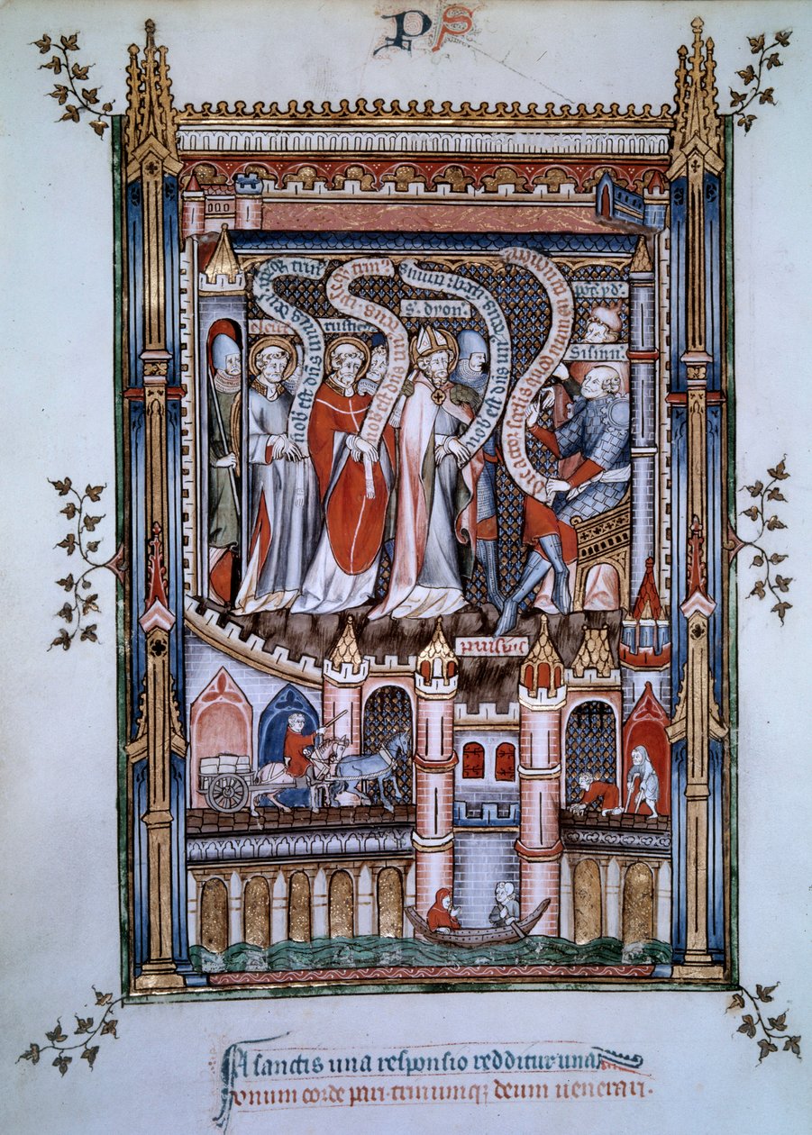 V centru Saint Denis, tváří v tvář guvernéru Fescenniovi, pověřenému císařem Diokleciánem popravit svatého Denise, křesťana, který přišel evangelizovat Paříž, ho doprovázeli kněz Eleuthere a jáhen Rustique, rovněž mučedníci mezi 250. od Unknown artist