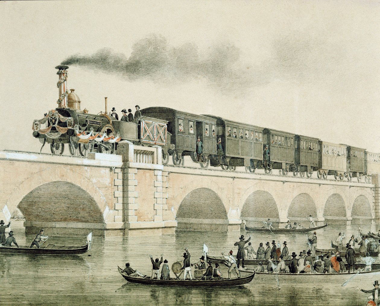 Slavnostní otevření mostu přes Benátskou lagunu, který má spojit město s kontinentem (litografie od Unknown artist