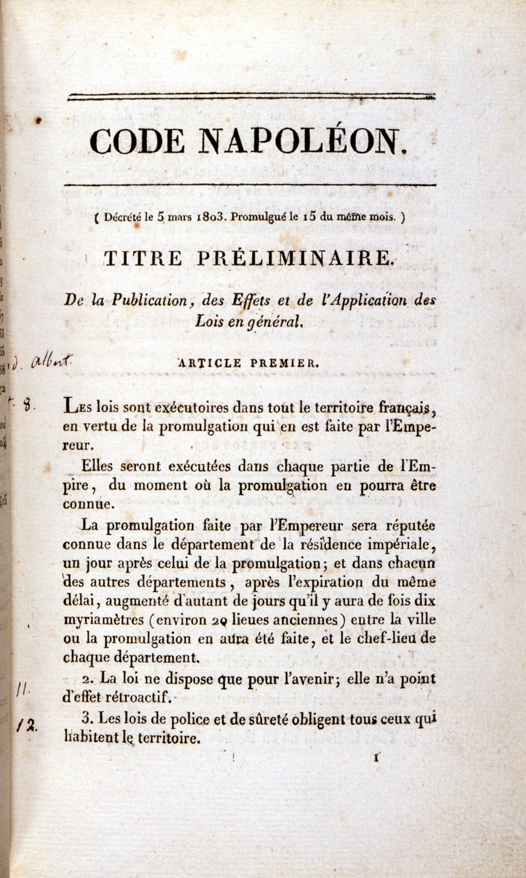 Incipit Napoleonského zákoníku (občanského zákoníku). od Unknown artist