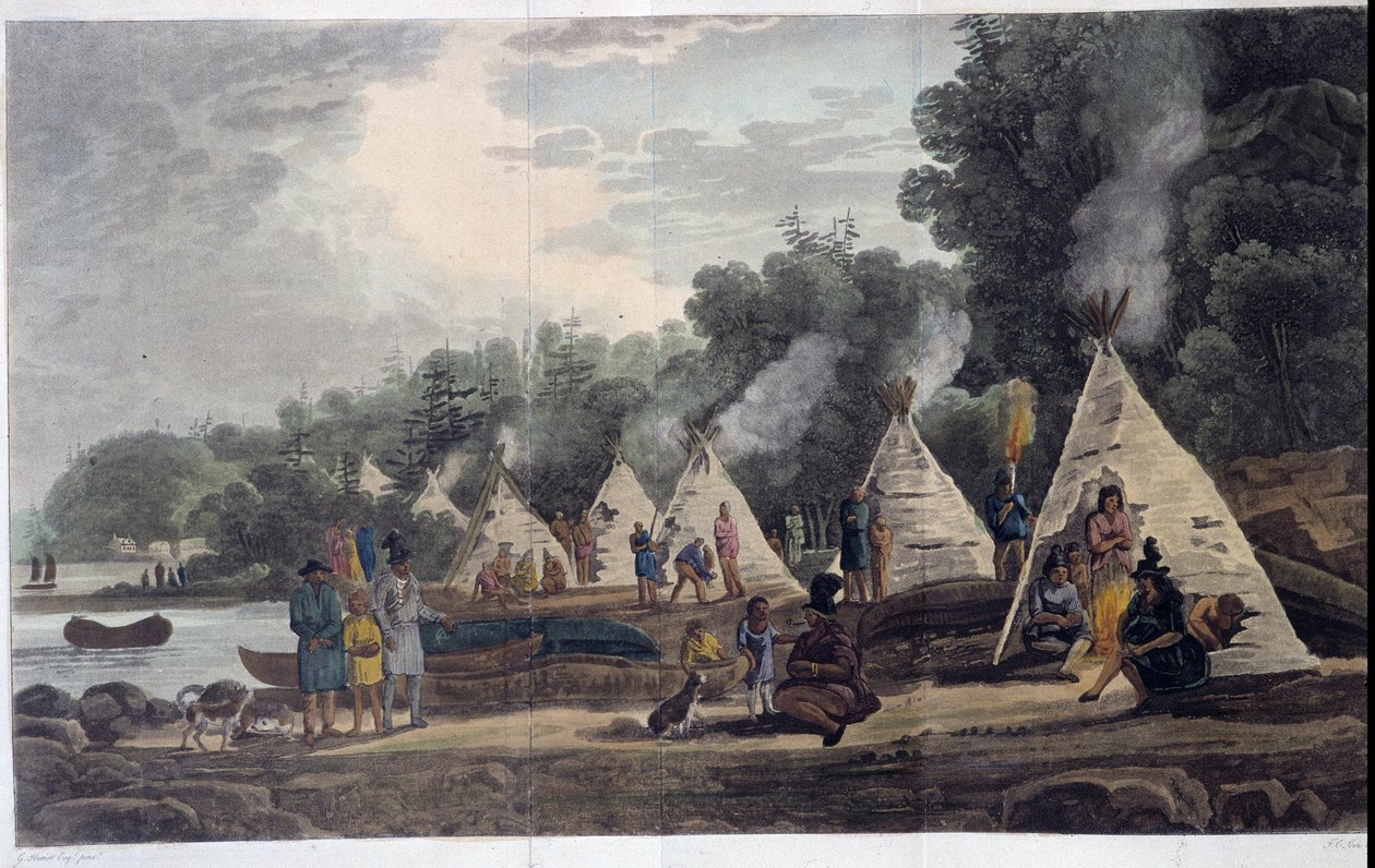 Indiánský tábor; v „Cestování Kanadou“, od George Heriota, ed. Londýn od Unknown artist