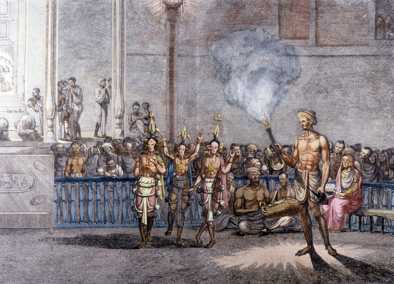 Indická kultura a civilizace: Tanec na počest Krišny (Krisna nebo Krišna) božstva Brahman v Indii. Rytina 1808. od Unknown artist