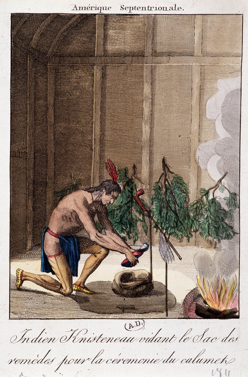 Indián Knisteneau vyprazdňuje pytel s léky na obřad calumet od Unknown artist