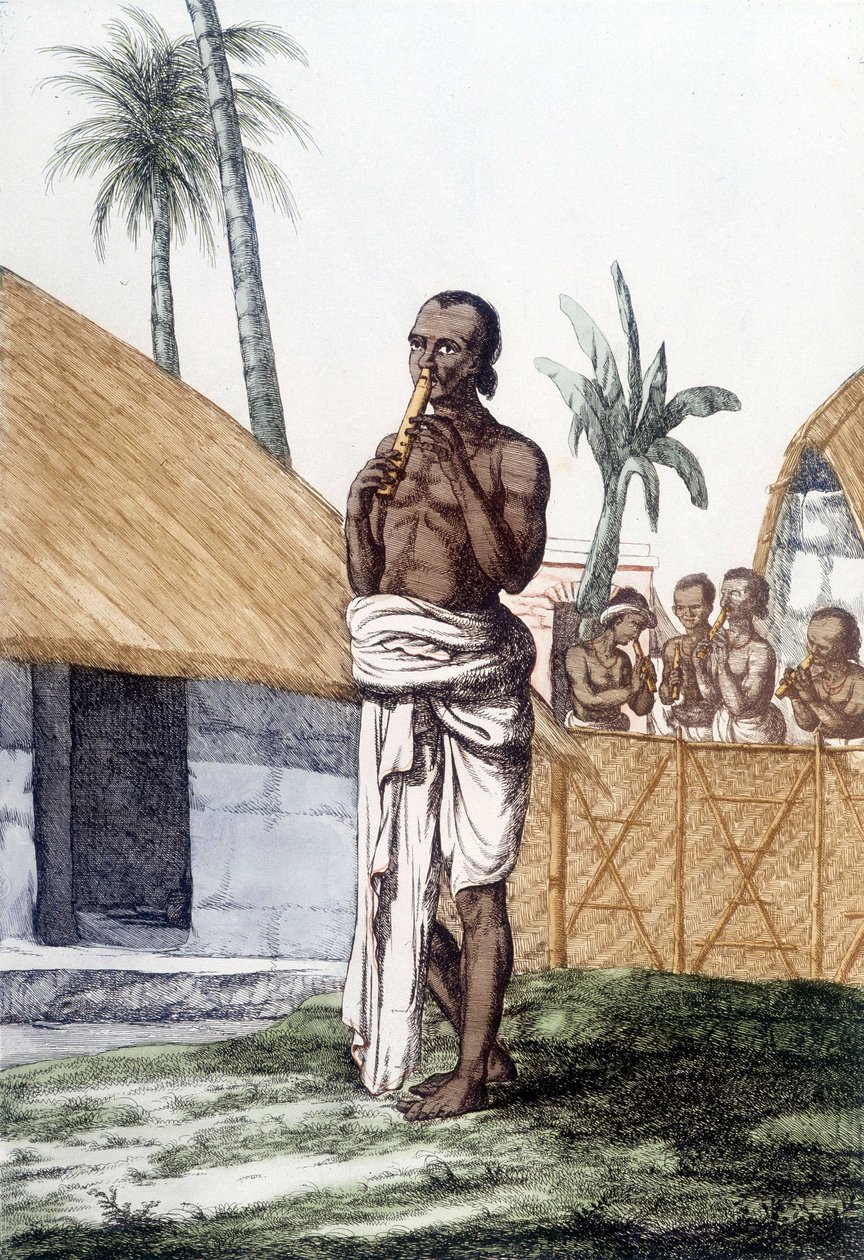 Indická kultura a civilizace: hudebník hrající na flétnu bansuri, tradiční hudební nástroj, Indie. Rytina 1808. od Unknown artist