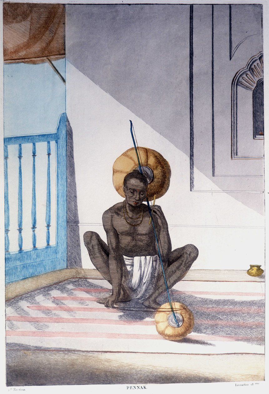 Indická kultura, civilizace a společnost: hudebník s tradičním indickým strunným nástrojem. Rytina z roku 1808. od Unknown artist