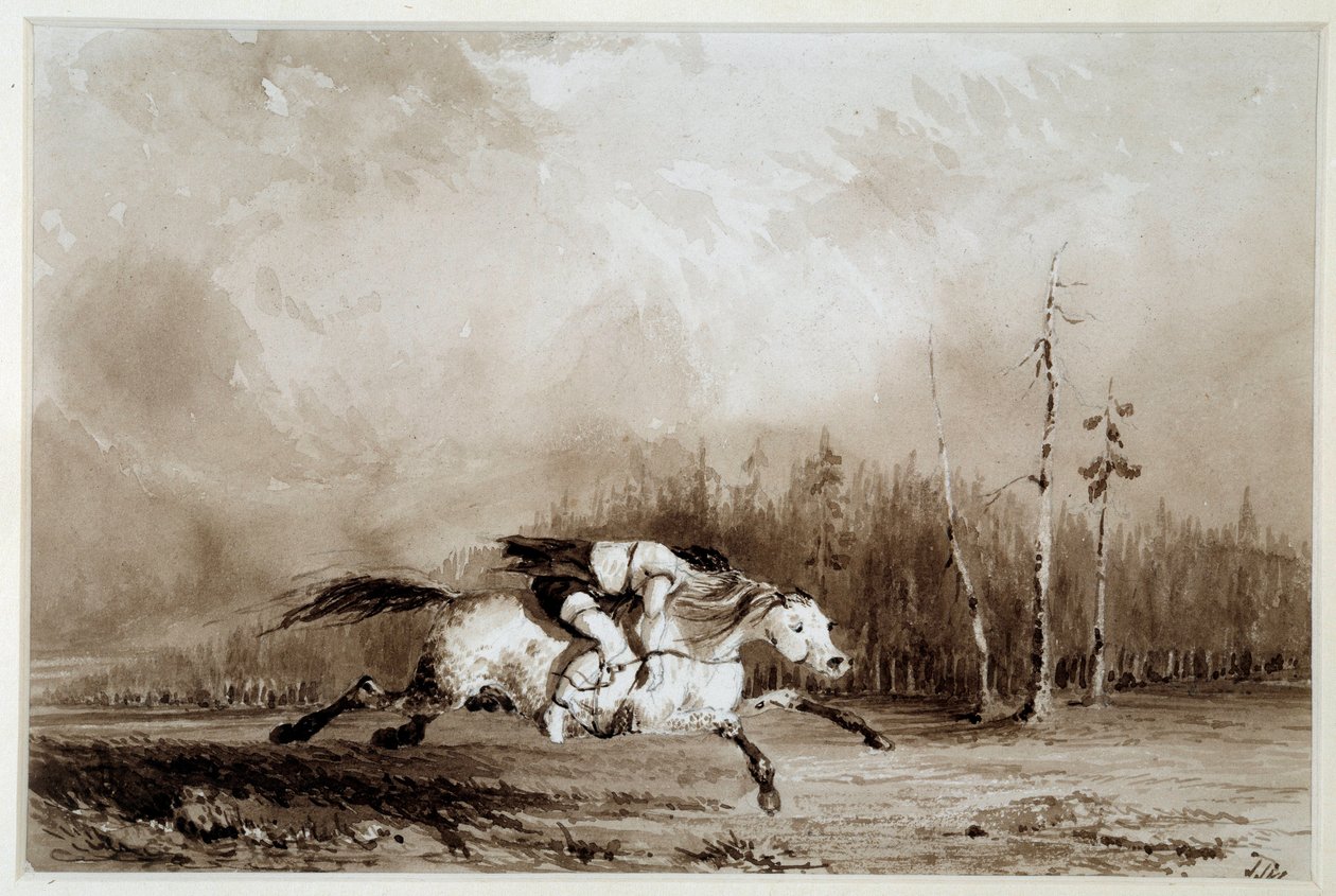 Indián z Ameriky: „“ Kůň cválající nesoucí svázaného muže““ Anonymní kresba. 19. století La Rochelle, Musee du Nouveau Monde od Unknown artist