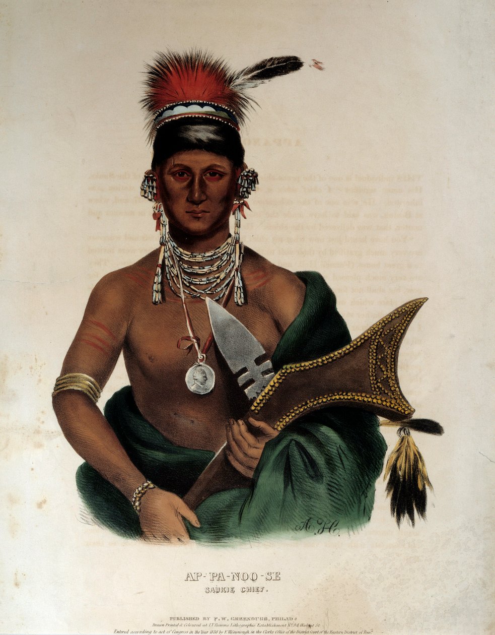 Indián Ameriky: “” Portrét indiánského náčelníka Saukie Ap Pa Noo See”” Anonymní litografie z roku 1836 La Rochelle, Musee du Nouveau Monde od Unknown artist