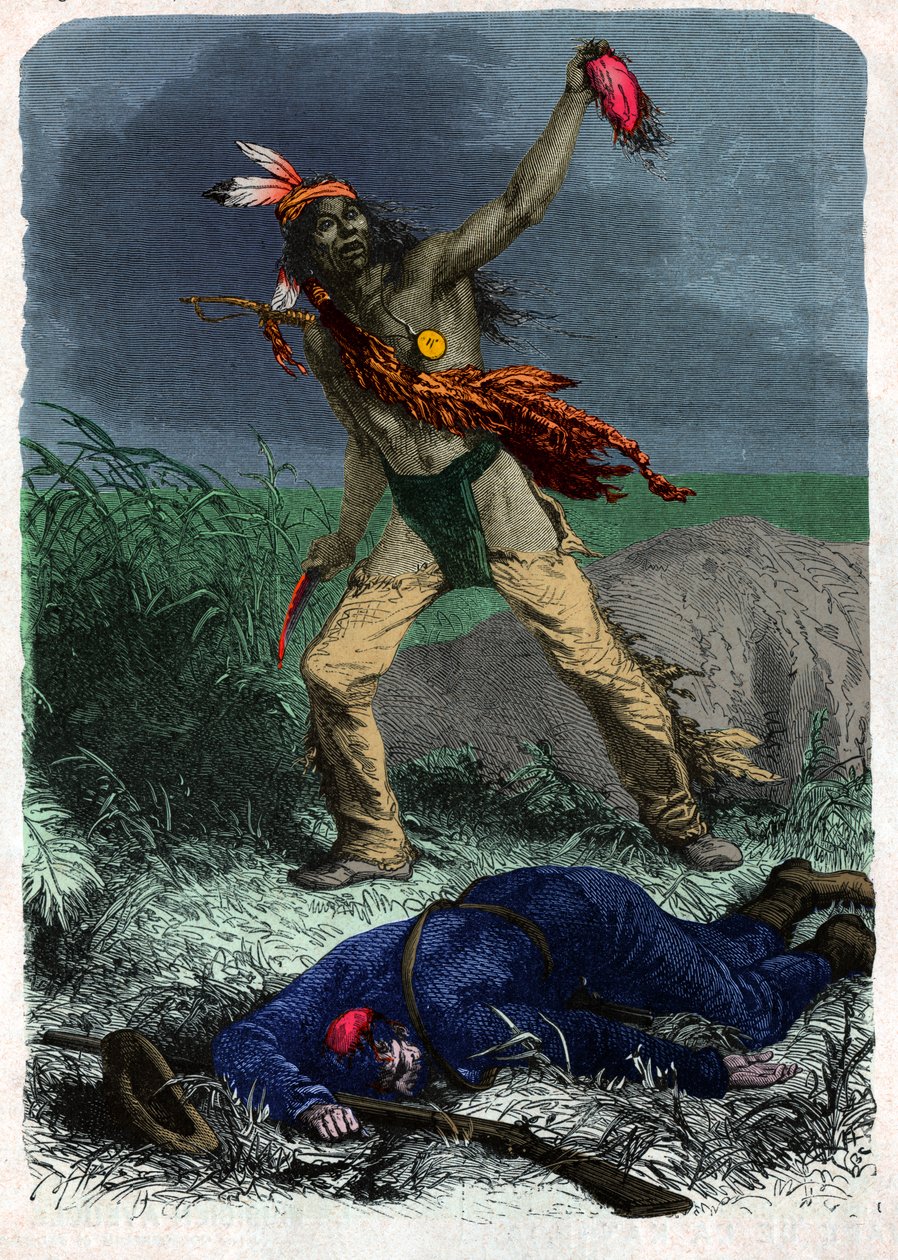 Indián skalpuje vojáka. (ilustrace, cca 1900) od Unknown artist