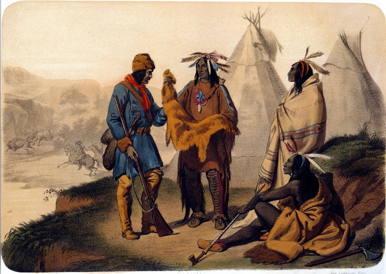 Indiáni Ameriky: traper směňující se s Red skins, vyměňují si slupky z řepy, jeden z Indiánů kouří chobotnici. Litografie z 19. století La Rochelle, Musee du Nouveau Monde od Unknown artist