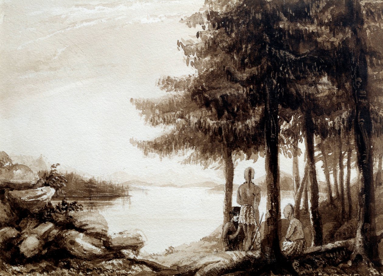 Indiáni na břehu jezera. Litografie 19. století. La Rochelle, Muzeum Nového světa od Unknown artist