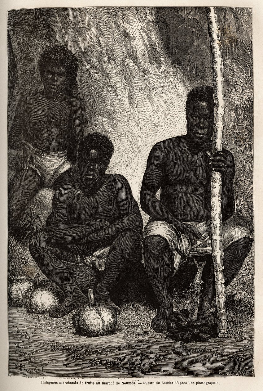 Domorodý obchodník s ovocem na trhu Noumea (Nová Kaledonie). Rytina k ilustraci plavby do Nové Kaledonie v letech 1863 až 1866 od Julese Garniera, stavebního inženýra dolů, v „Le tour du monde, nouveau journal des voyages“ vydaném pod hrozbou od Unknown artist