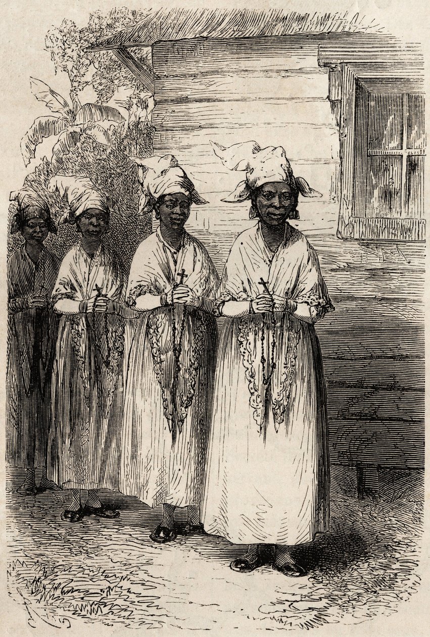 Domorodé ženy z Guayany v katolickém průvodu Fete Dieu. Rytina k ilustraci plavby ve Francouzské Guyaně v letech 1862-1863 od Frederica Bouyera, kapitána fregaty, v „“ Le tour du monde, nouveau journal des voyages“, publikovaném pod r. od Unknown artist