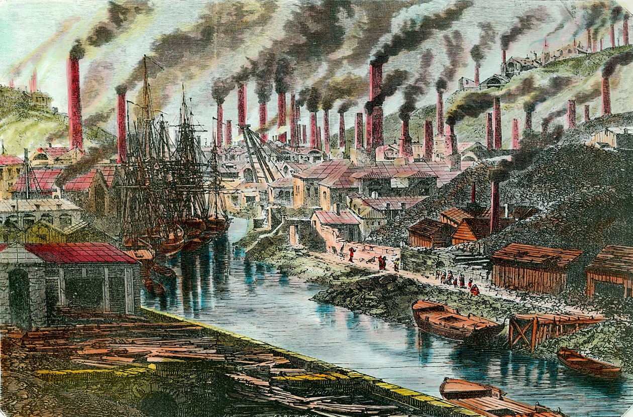 Průmyslová revoluce: Přehled továrny na měď pana Viviana ve Swansea ve Walesu. Rytina 19. století. Soukromá sbírka. od Unknown artist