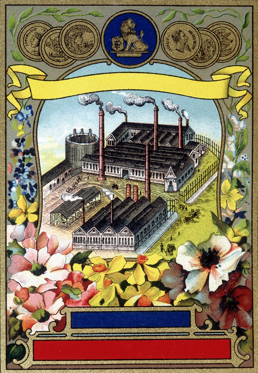 Industrializace: Letecký pohled na továrnu. Chromolitografie konce 19. století. od Unknown artist
