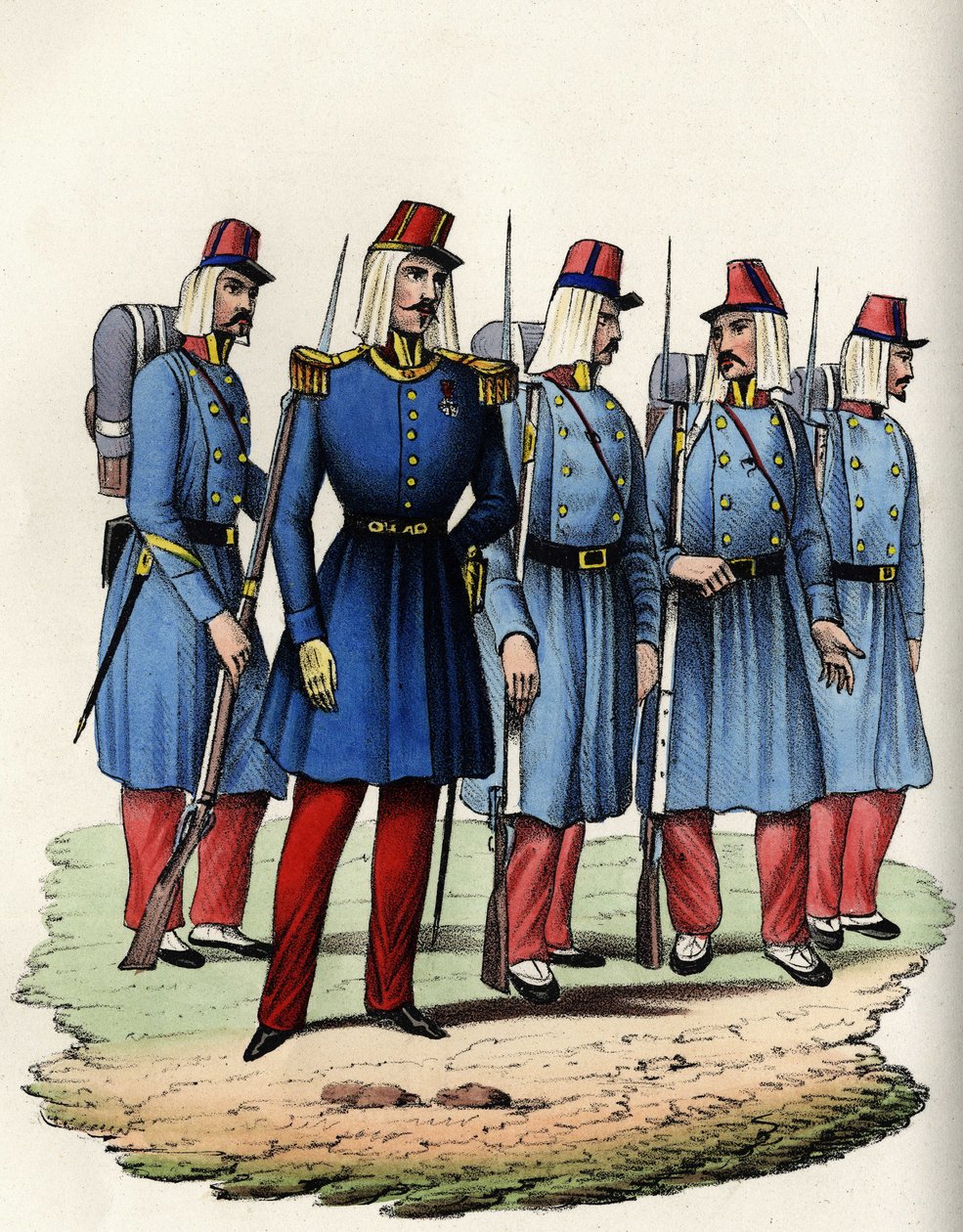 Pěchota francouzské armády Afriky; důstojník, poddůstojník a vojáci v Alžírsku v roce 1830. V “” Storia d