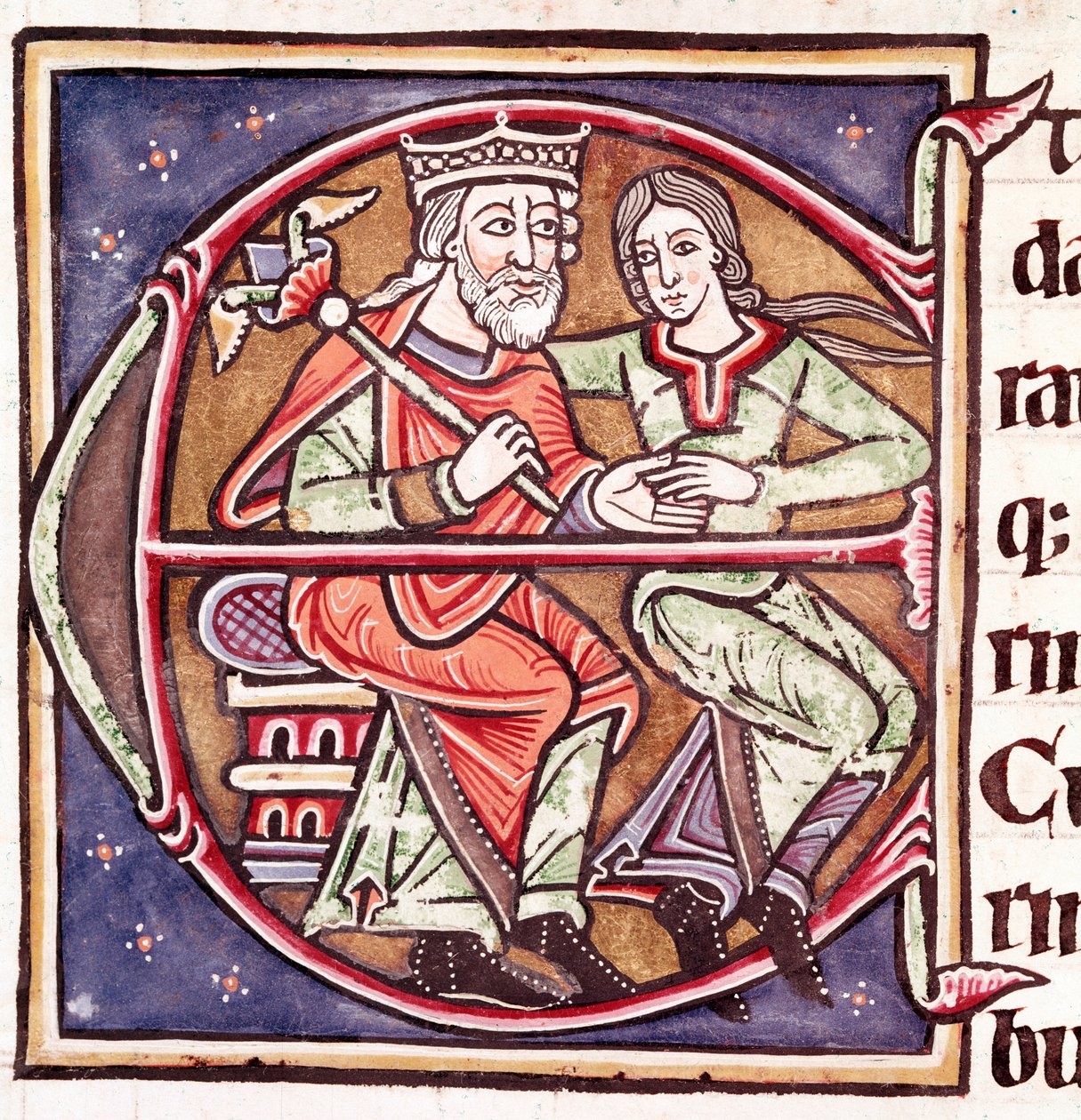 Počáteční písmeno E s Davidem a Batšebou (miniatura od Unknown artist