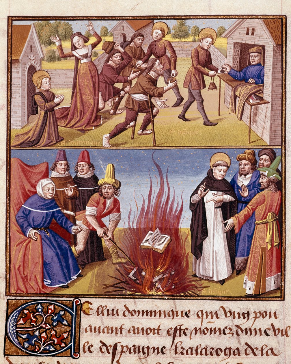 Inkvizici "" Autodafe předsedá Saint Dominique de Guzman (1170-1221), zakladatel dominikánského řádu, důkaz požáru heretické knihy a ortodoxní knihy"" Miniatura v ""Le miroir historial"" (Speculum Historiale) ( ms. 1196, fol. 372) podle od Unknown artist