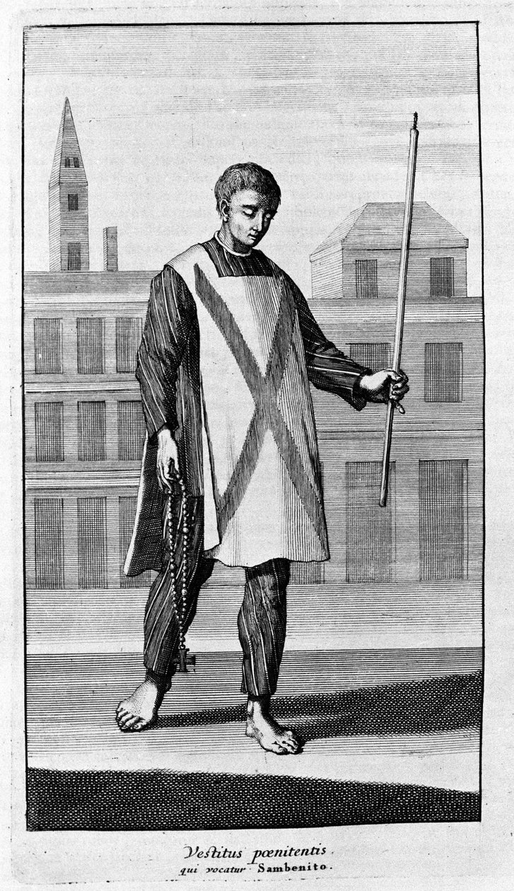 Výslech. Oblečení ze San Benita pro průvod Autodafé. Rytina z „Historie inkvizice“, Amsterdam 1692. od Unknown artist
