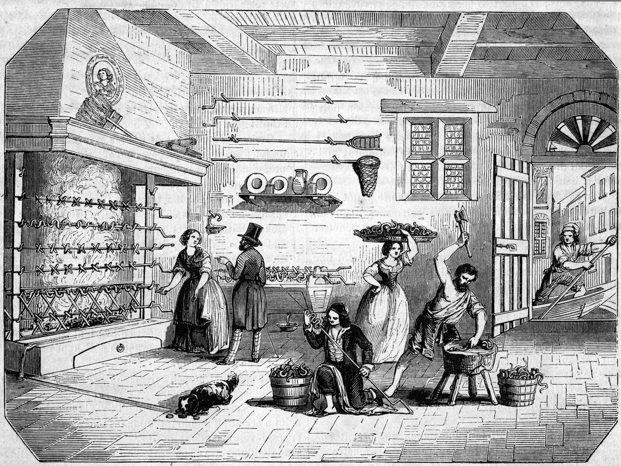 Uvnitř továrny na mořského úhoře v italském Comacchiu. od Unknown artist
