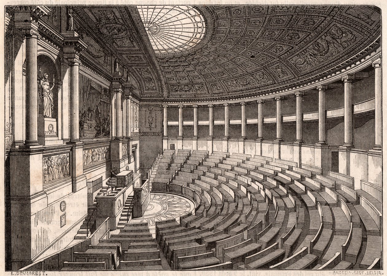 Vnitřní pohled na Poslanecké sněmovny (Národní shromáždění), dříve nazývané Palais Bourbon, Paříž, Francie od Unknown