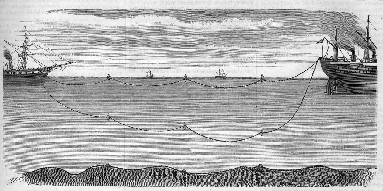 Instalace elektrického kabelu trasatlantic zamýšleného pro spojení Evropy s Amerikou v roce 1865. Systém bóje, který zabraňuje přetržení elektrického kabelu během instalace. Plavidlo, které mělo operaci na starosti, bylo Great Eastern. Rytina z roku 1865 od Unknown artist