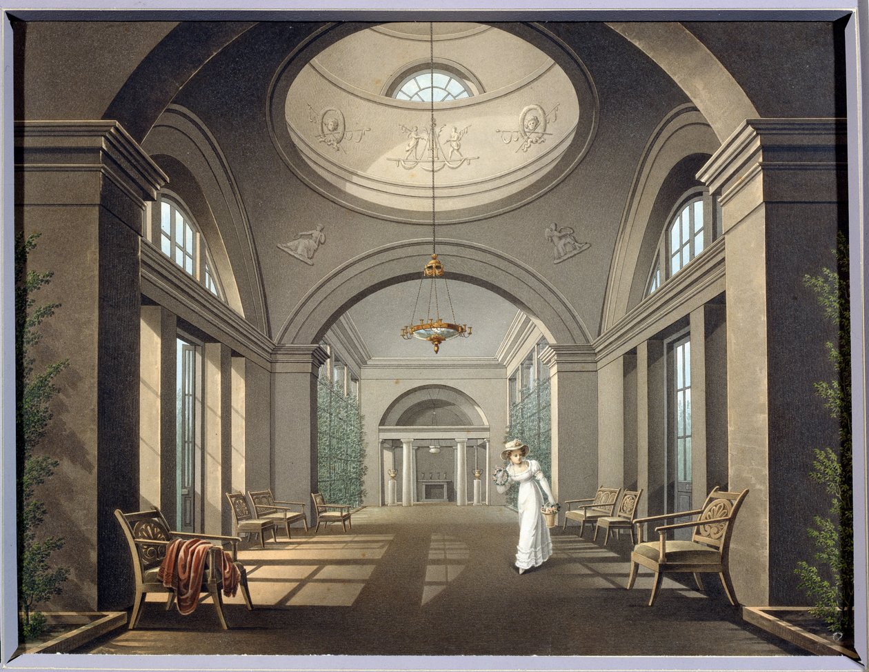 Interiér voliéry v Pavlovském paláci. Anonymní malování. Akvarel a tuš, polovina 19. století. Klasicismus. Státní muzeum pod širým nebem Palác Pavlovsk, Petrohrad. od Unknown artist
