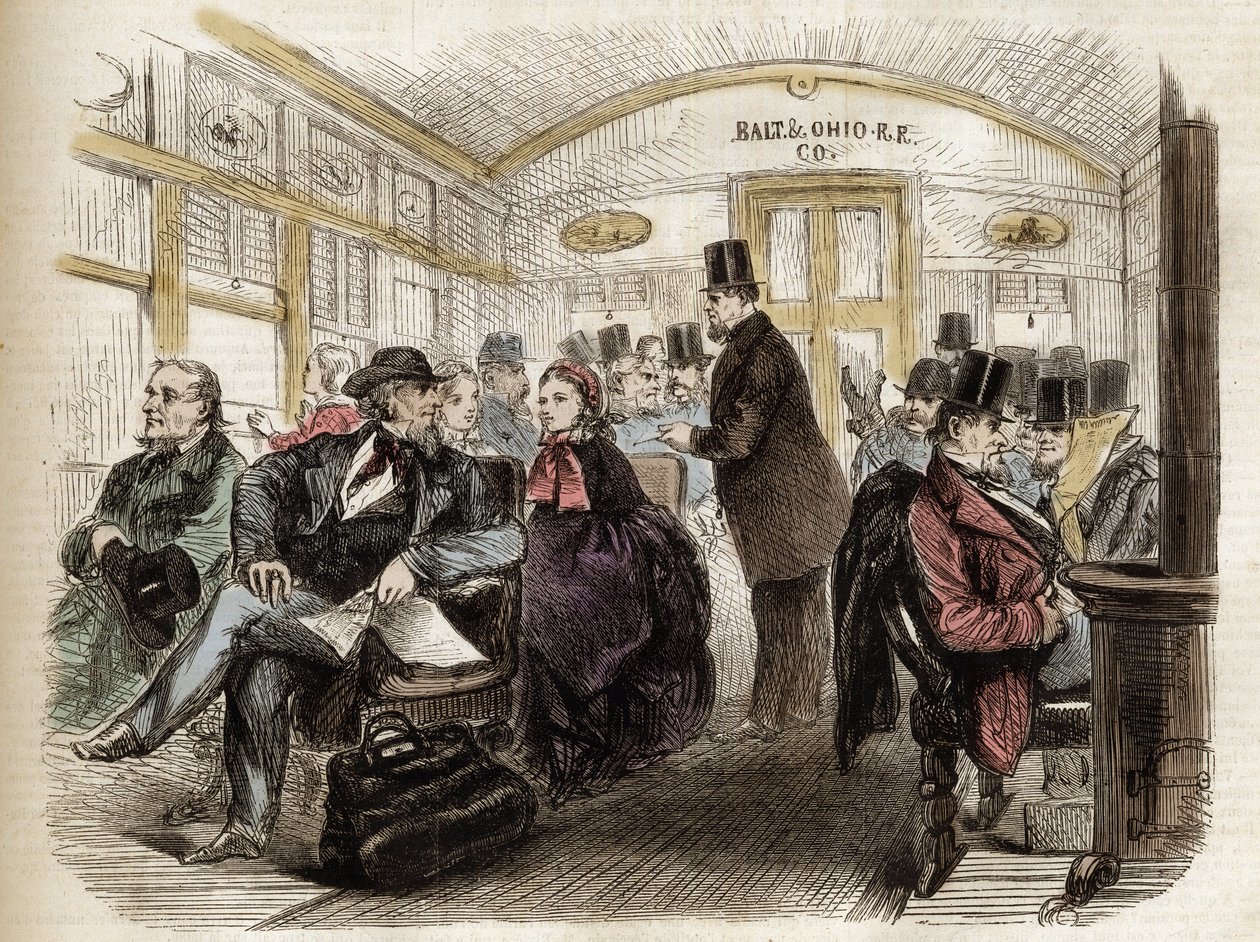 Interiér kočáru na Baltimore & Ohio Railroad, USA - 1861 - interiér amerického vozu v roce 1860 od Unknown artist