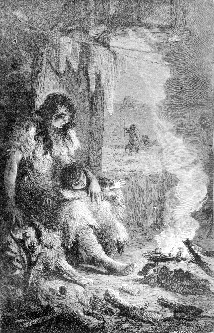 Interiér pravěkého srubu. 19. století rytina. od Unknown artist