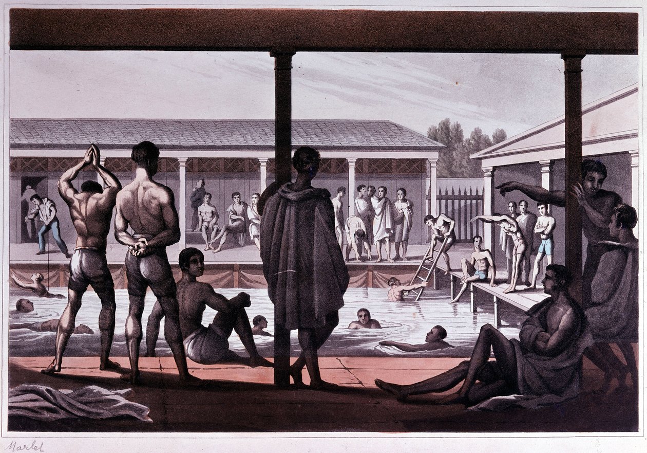 Interiér plavecké školy, Londýn, počátek 19. století. od Unknown artist