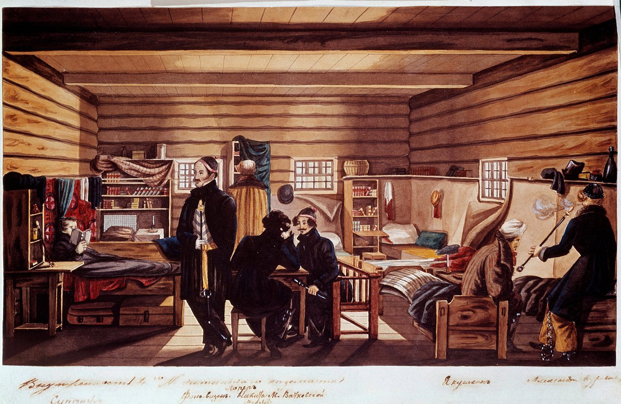 Interiér kasematy Cheta: Politické setkání děkabristů (nebo dekabristů) Rusů zapojených do pokusu o převrat v Petrohradu dne 14. prosince 1825 s cílem získat od režimu moderní ústavu. Rytina od Unknown artist