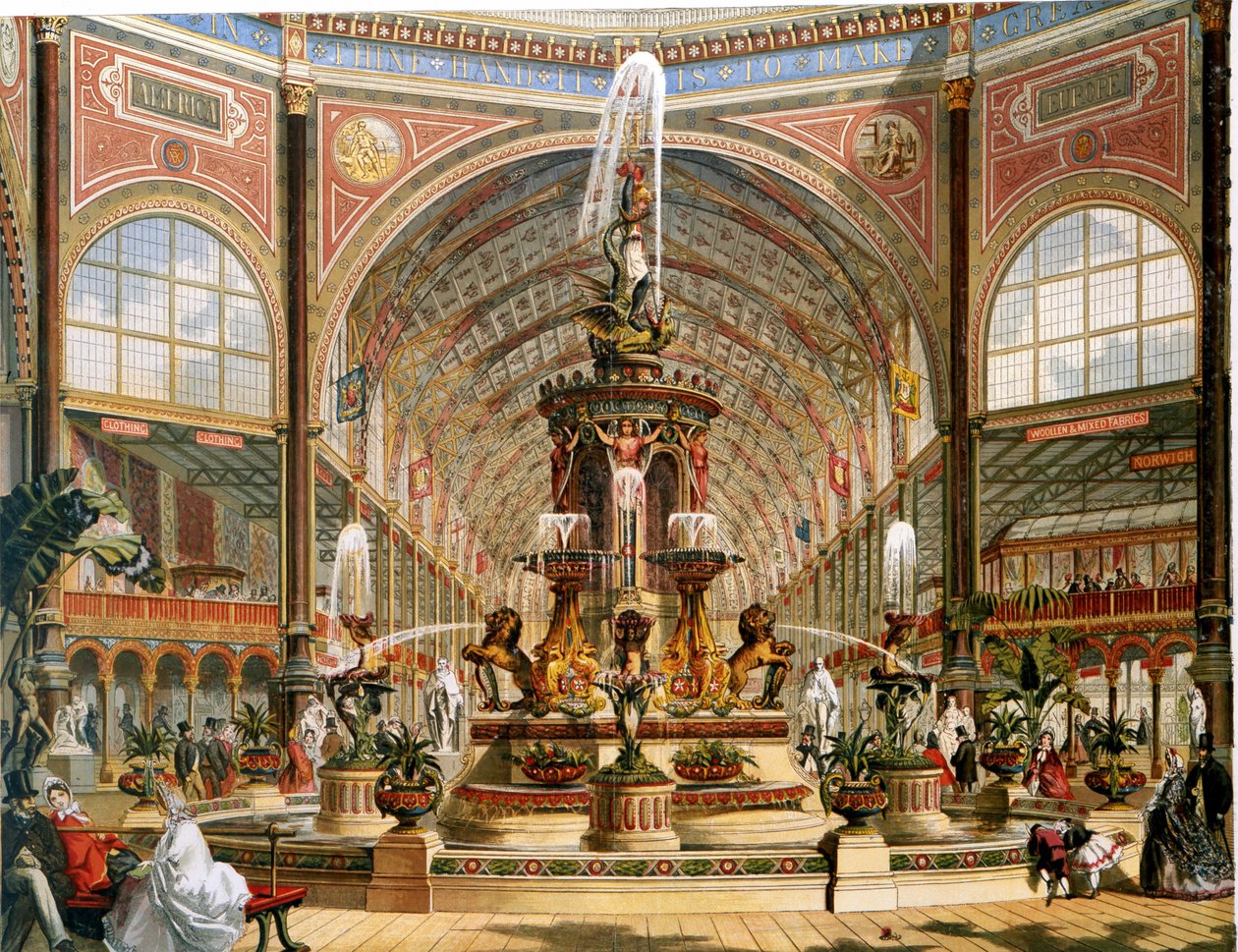 Interiér křišťálového paláce během mezinárodní výstavy v roce 1862. Majoliková fontána od Mintona. Chromolitografická reprodukce. od Unknown artist