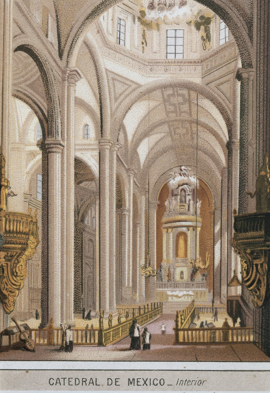 Vnitřní pohled na katedrálu Guadalajara v Mexico City, Mexiko. Chromolitografie kolem roku 1880 od Unknown artist
