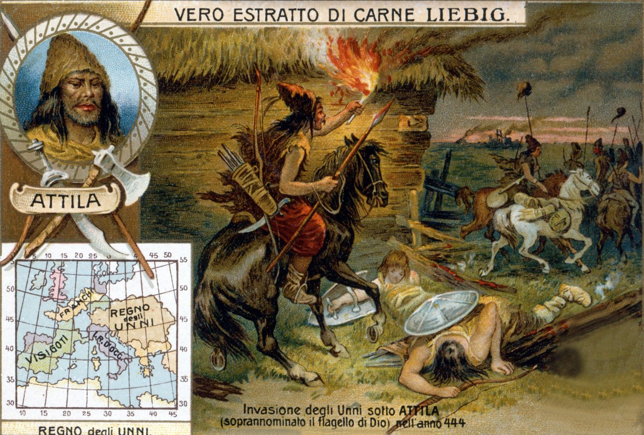 Invaze Hunů za Attily, přezdívané boží metla, v roce 444 - Liébigova reklamní viněta od Unknown artist