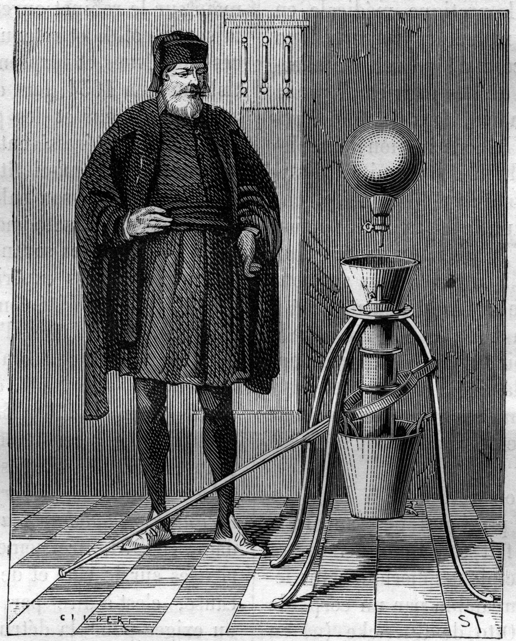 Vynález: Pneumatický stroj Otto de Guericke (Otto de Guericke) (1602-1686), německý vynálezce. Gravírování v „La Nature“ od Unknown artist