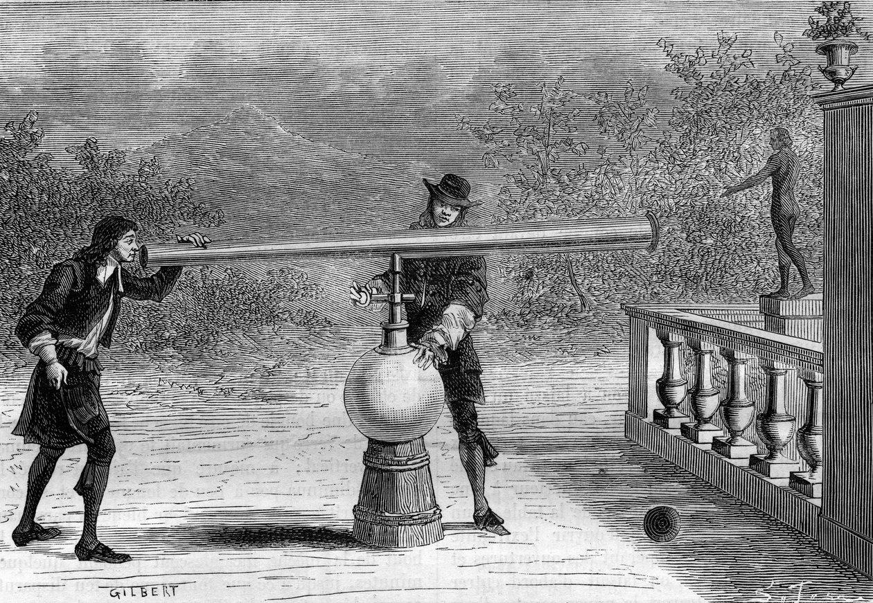 Vynález: Sarbacan neboli pneumatická pistole Otto von Guericke (Otto de Guericke) (1602-1686), německý vynálezce. Gravírování do ""La Nature"" od Unknown artist