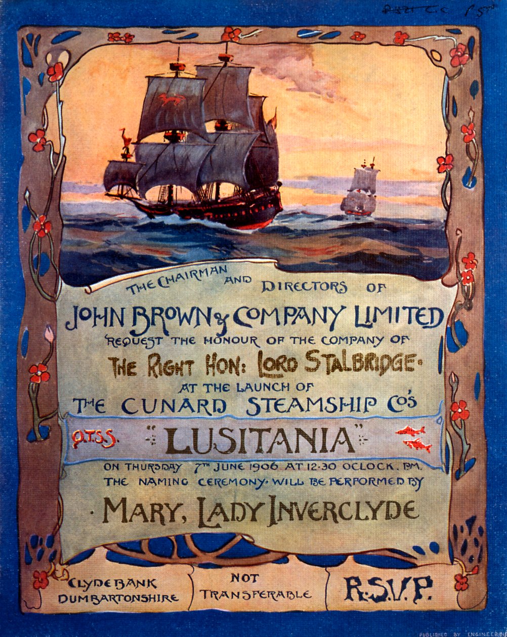 Pozvánka pro lorda Stalbridge na spuštění lodi RMS Lusitania na vodu od Unknown Artist
