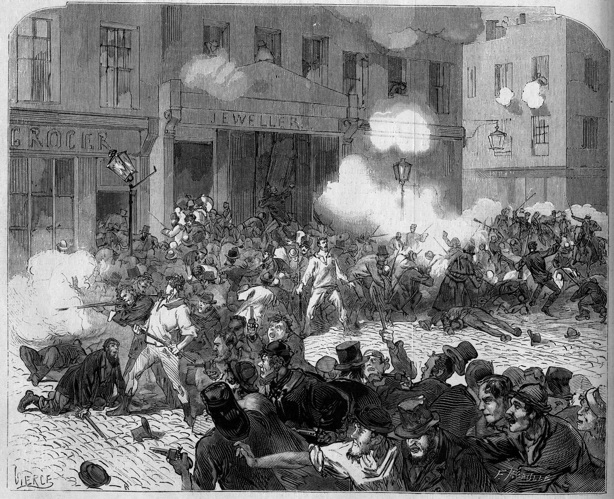 Irsko 1872: Belfastské potíže, boj mezi orangisty a katolíky. od Unknown artist