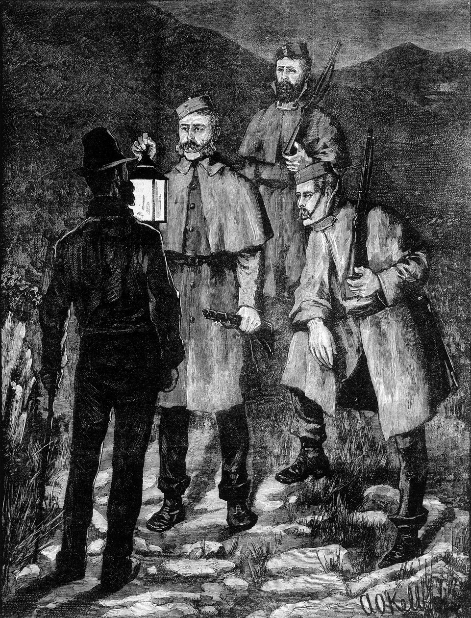 Hlídka irské policie kontrolující podezřelého (1881). od Unknown artist
