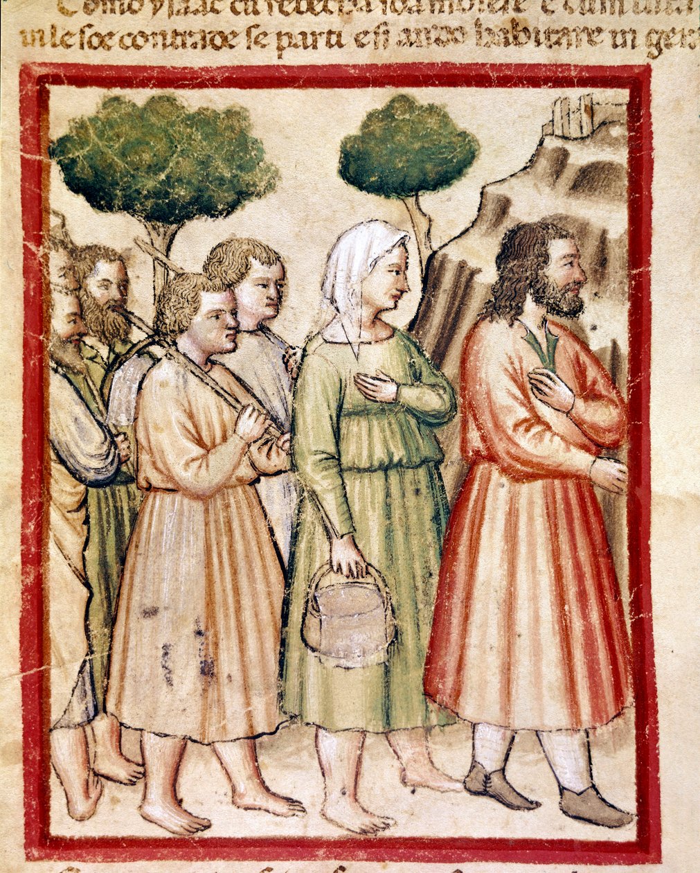 Izák a jeho rodina trpící hladomorem emigrující do zemí krále Abimelecha Miniatura z kodexu 212 (nebo padovanského kodexu či Bible Padovy) 1390-1400 Rovigo, Accademia dei Concordi od Unknown artist