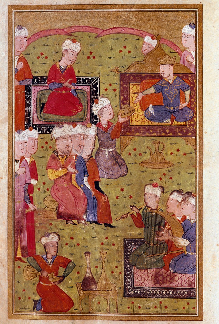 Islámské umění: banket za přítomnosti sultána s hudebníky. Miniatura rukopisu ze 16. století Benátská biblioteca Marciana od Unknown artist