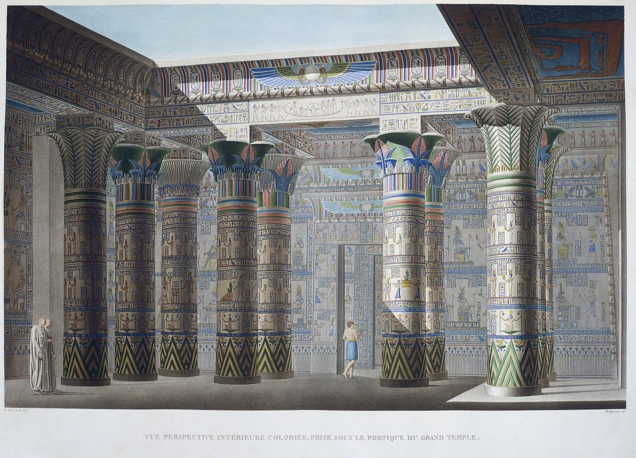 Ostrov Philae: Barevný vnitřní perspektivní pohled, pořízený pod portikem Velkého chrámu - v „Popis Egypta“, Imperial Editions od Unknown artist