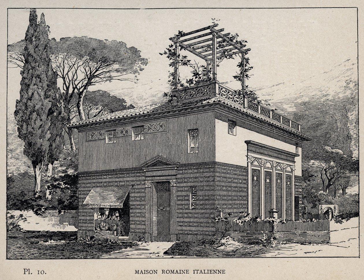 Italský římský dům - rytina z roku 1889 v „Historie lidského obydlí na Světové výstavě v roce 1889, pan Charles GARNIER - Librairie centrale des beaux-arts Paris 1889 od Unknown artist