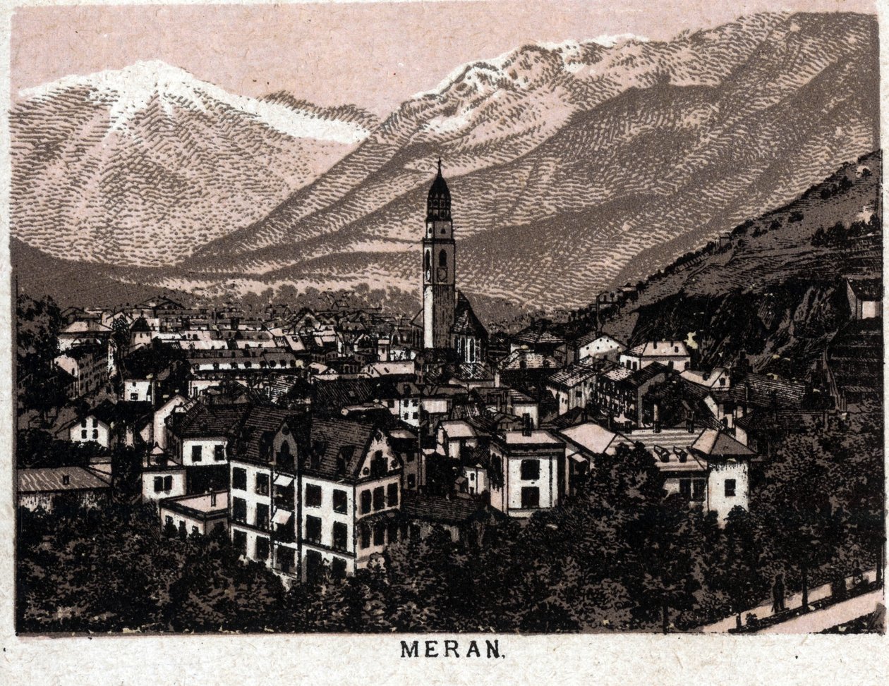 Italské Tyrolsko: pohled na město Meran (Merano). v „“ Svět ilustruje 168 pohledů““ Nedatováno (konec 19. století) od Unknown artist