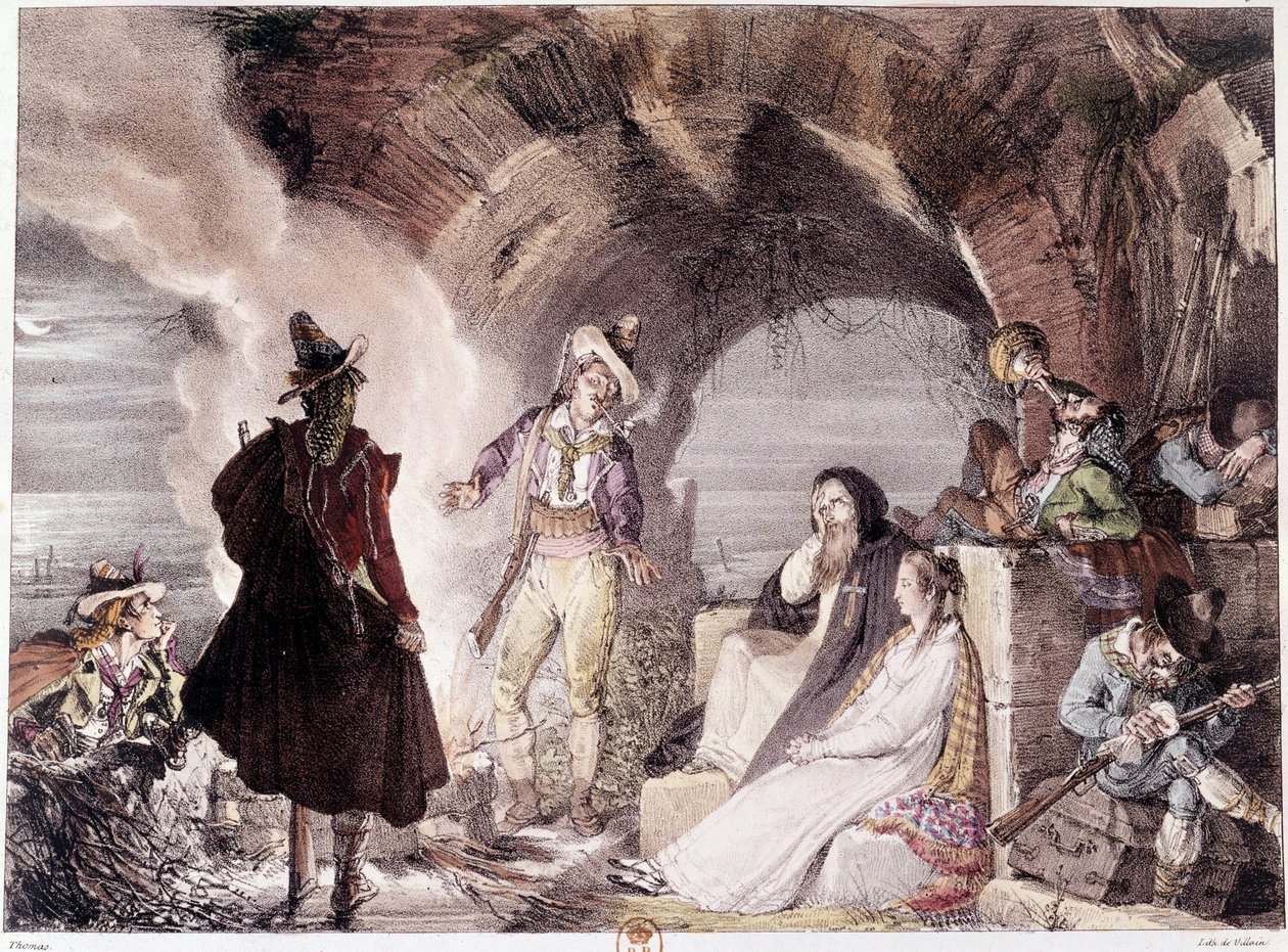 Italští lupiči. Bandité, někteří pijí, jiní spí. Rytina 19. století. Paříž, B.N. od Unknown artist