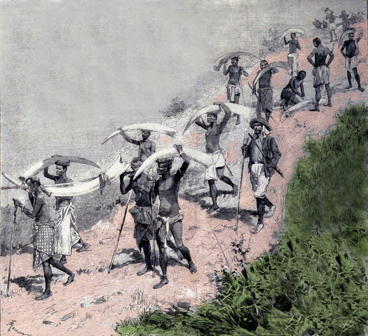 Obchod se slonovinou: karavana konžských dopravců nese sloní obranu. Rytina 19. století od Unknown artist
