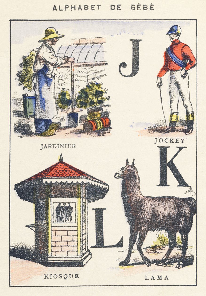J K L: zahradník, žokej, kiosek, lama od Unknown artist