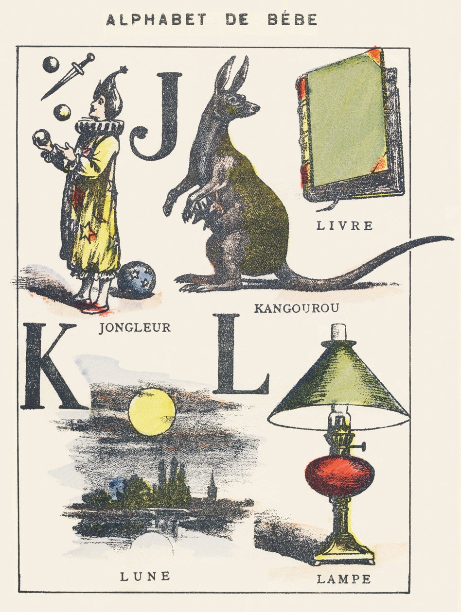 J K L: žonglér, klokan, kniha, měsíc, lampa od Unknown artist