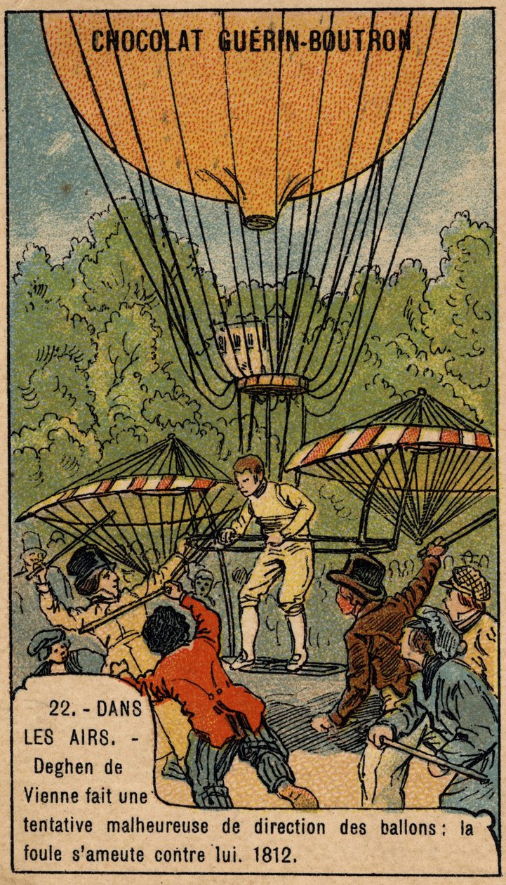 Jacob Deghen (Degen) se pokusil řídit aerostaty v roce 1812 ve Vídni. od Unknown artist