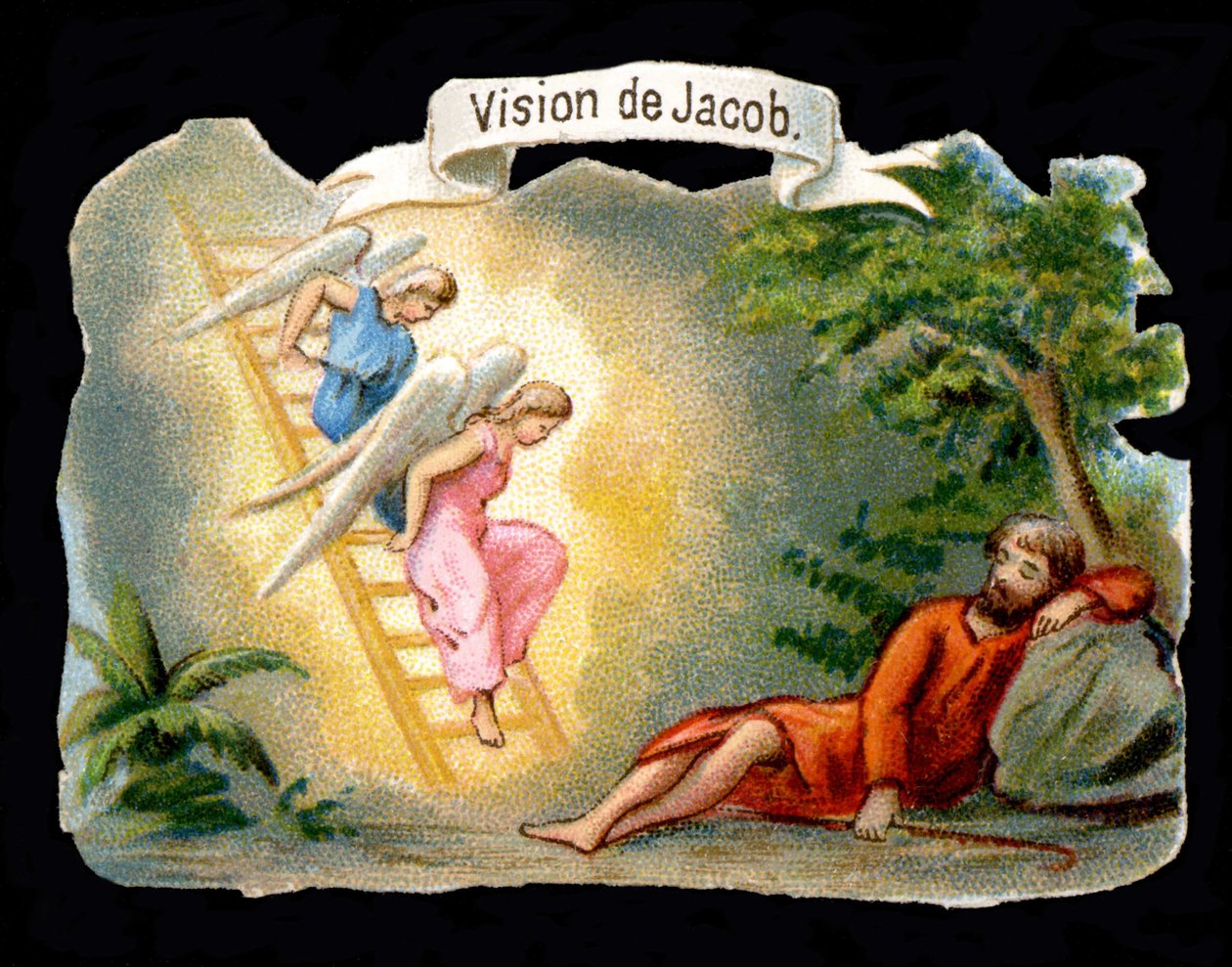 Jákobovo vidění představované anděly sestupujícími z nebe po žebříku. Chromolitografie 19. století. od Unknown artist